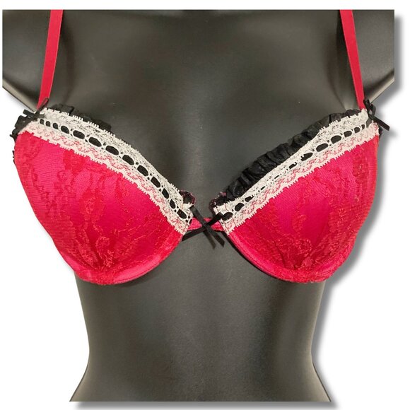 VICTORIA'S SECRET 34B Dark hot pink black padded underwire bra w/ lace & frills - Picture 1 of 12